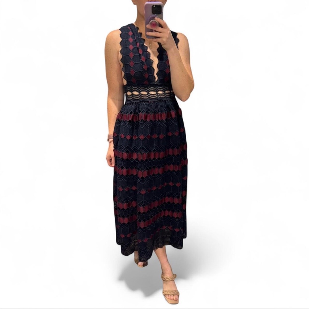 NBD Adalynn burgundy and navy crochet dress